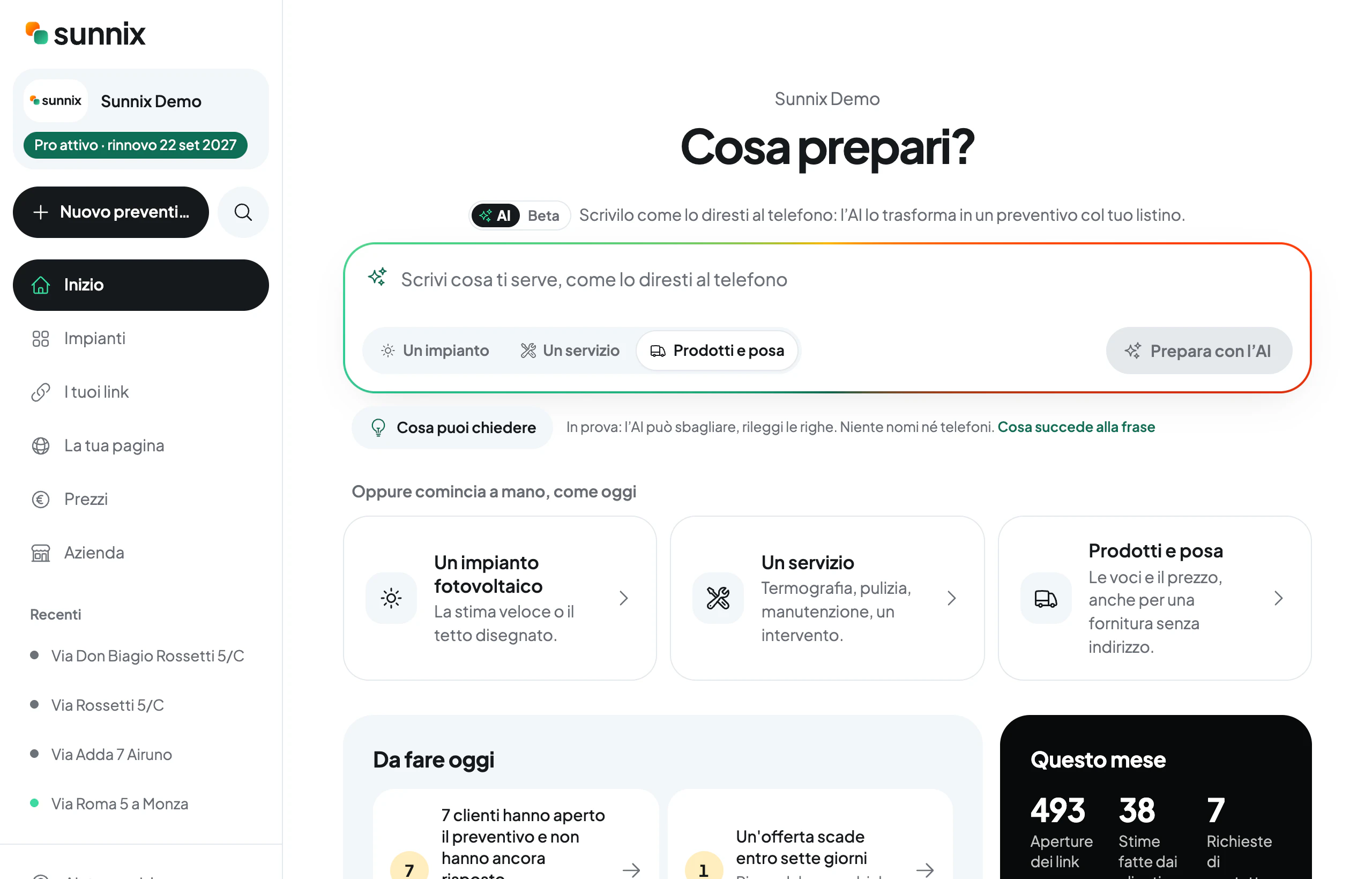 La pagina «Cosa prepari?» di Sunnix col campo dell'AI