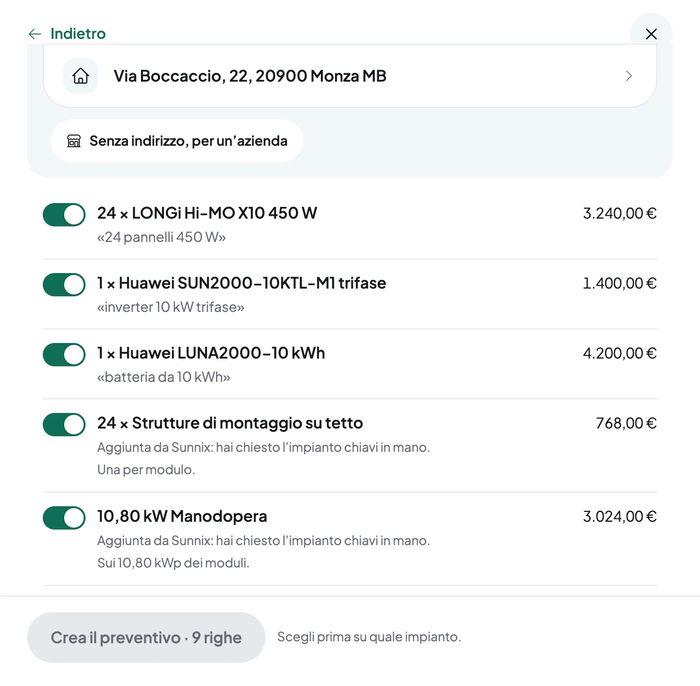 La finestra «Ecco cosa ho capito» con le righe del preventivo e i prezzi del listino