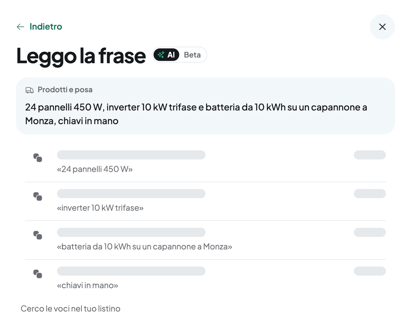 La finestra «Leggo la frase»: l'AI divide la frase in voci