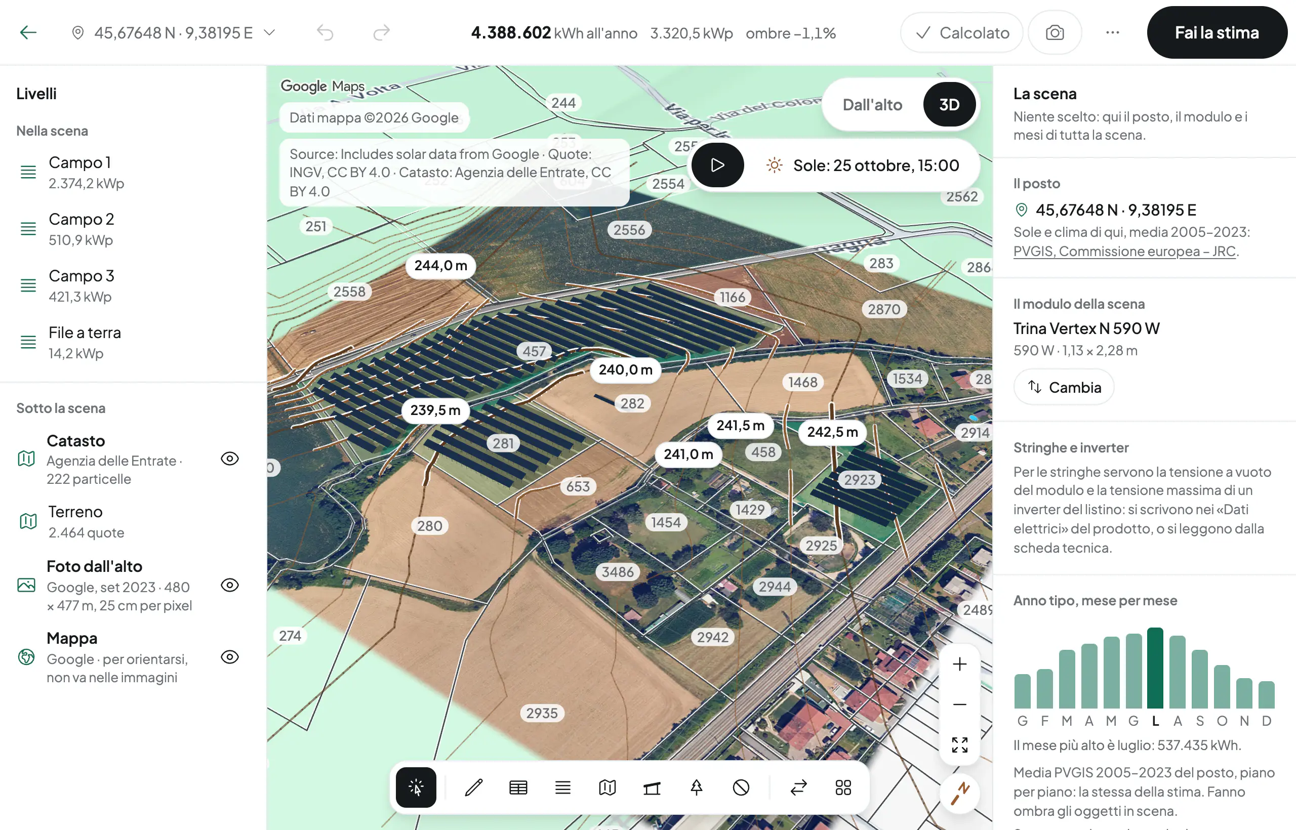 La tela 3D: tre campi a terra sul catasto e sulle quote del terreno, con la produzione dell'anno