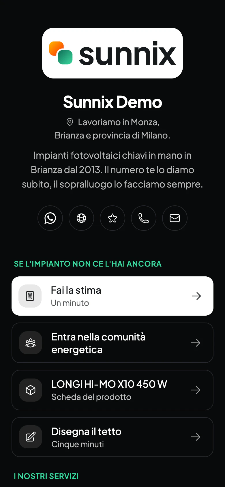 La pagina dell'azienda coi suoi link, sul telefono