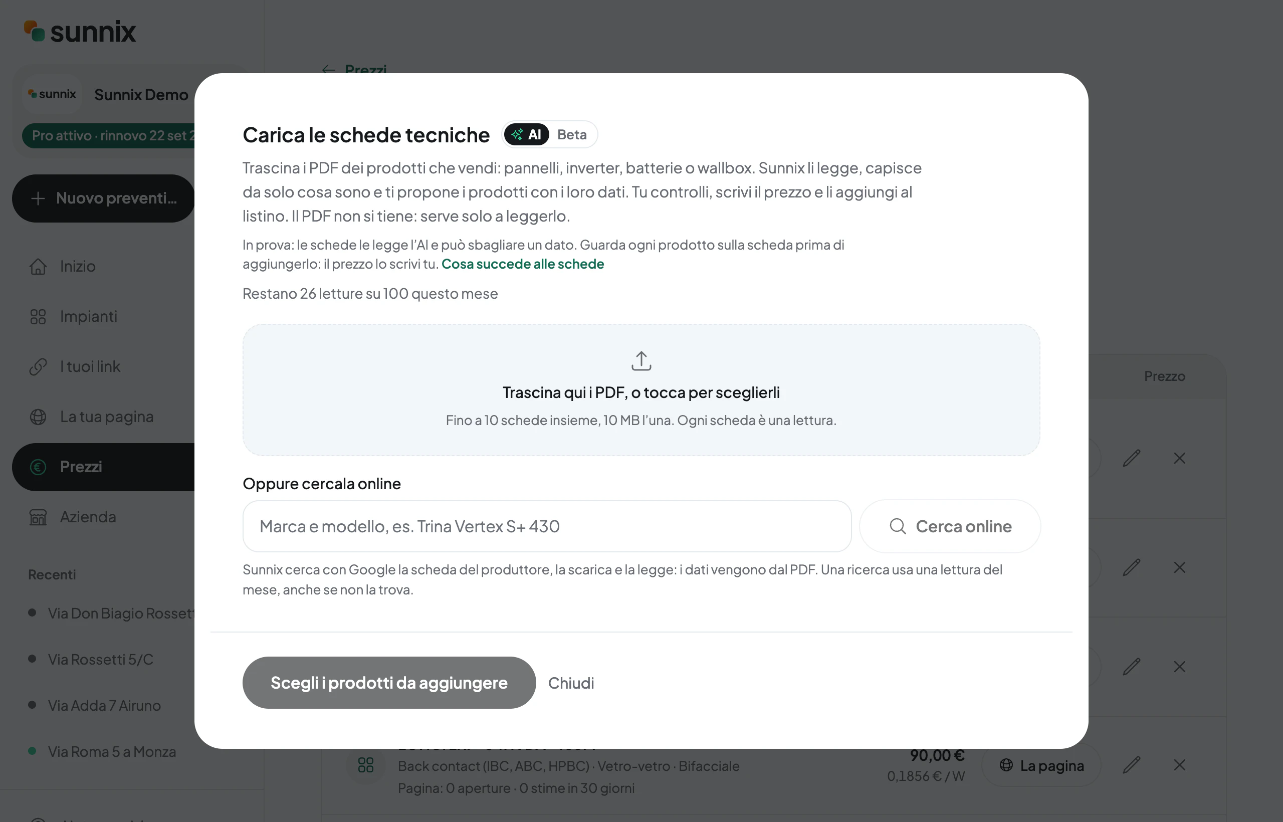 La finestra «Carica le schede tecniche»: l'AI legge i PDF dei prodotti