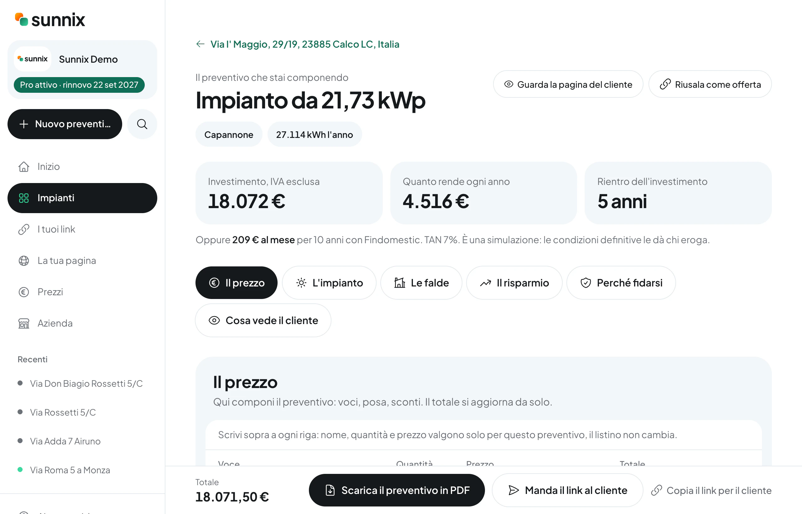 Il preventivo di un impianto da 21,73 kWp: investimento, rendita annua e rientro