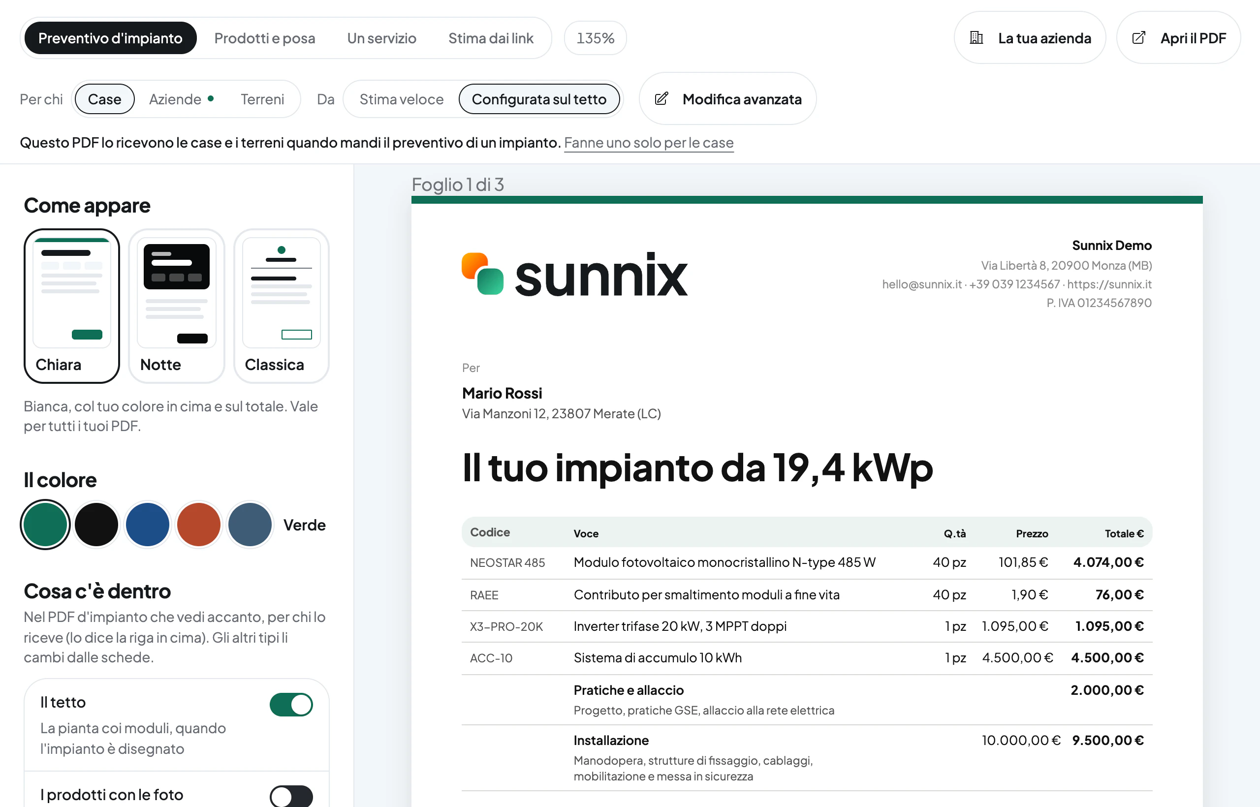 L'editor del PDF dei preventivi col foglio dell'azienda