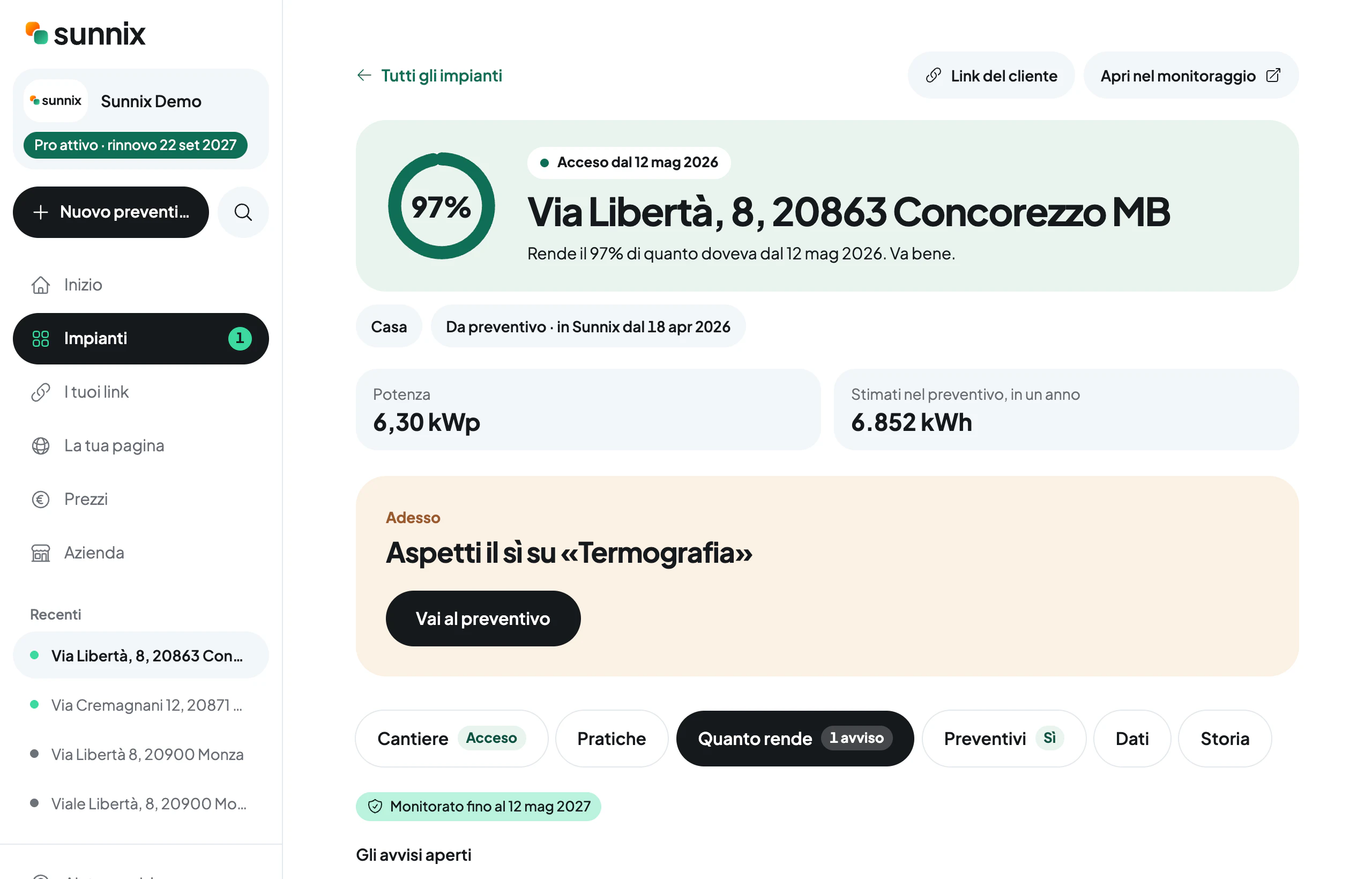 La scheda di un impianto acceso: quanto rende rispetto a quanto doveva, la produzione promessa nel preventivo e il monitoraggio